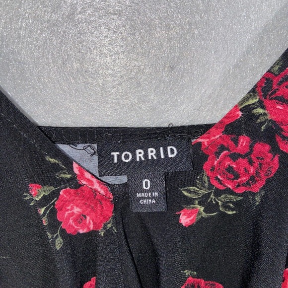 Torrid Dress Womens 0 Black Red Floral Ruffle V Neck Long Sleeve Casual - Picture 7 of 15
